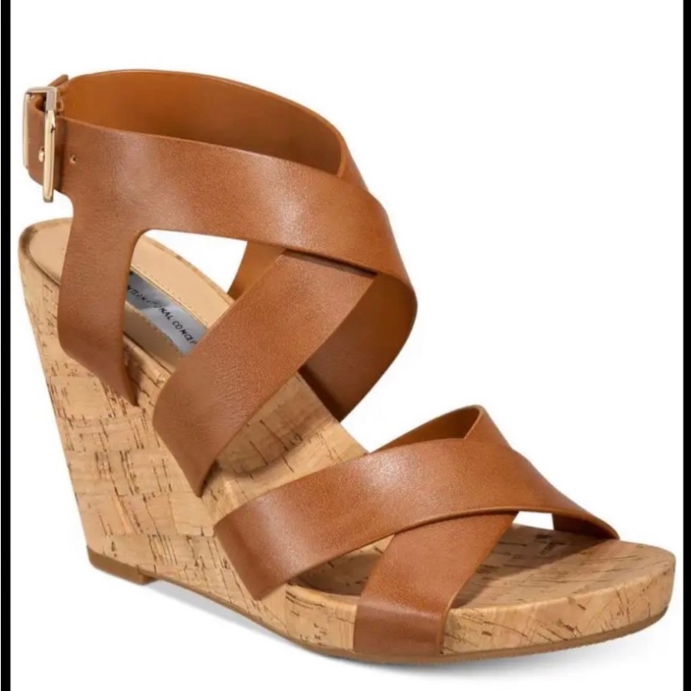 INC Golden Cognac Landrop Open Toe Wedges